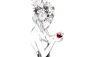 girl, Flowers, Apple, Drawing