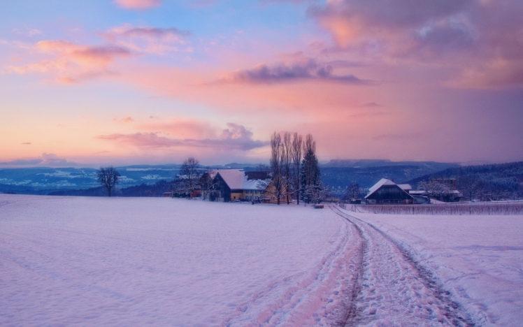 winter, Snow, Village, Dawn, Landscapes, Buildings, Houses, Sky, Sunrise, Sunset HD Wallpaper Desktop Background