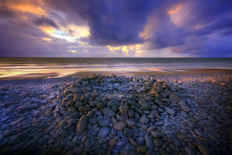 coast, Stones, Sea, Sky, Clouds, Horizon, Hdr, Nature, Beaches, Ocean, Sunset, Clouds HD Wallpaper Desktop Background