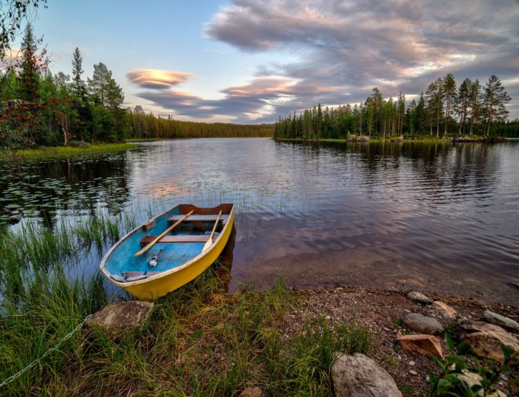 lake, Island, Trees, Beach, Boat, Norway, Landscape HD Wallpaper Desktop Background