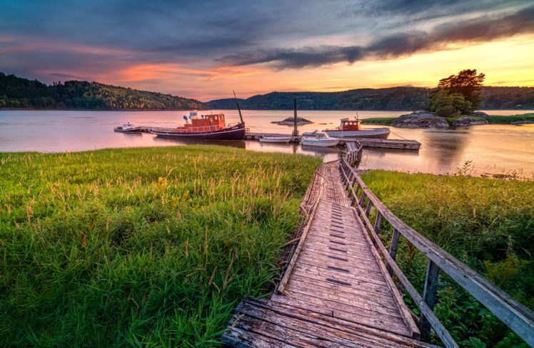 norway, River, Sunset, Old, Bridge, Dock, Boat, Landscape HD Wallpaper Desktop Background