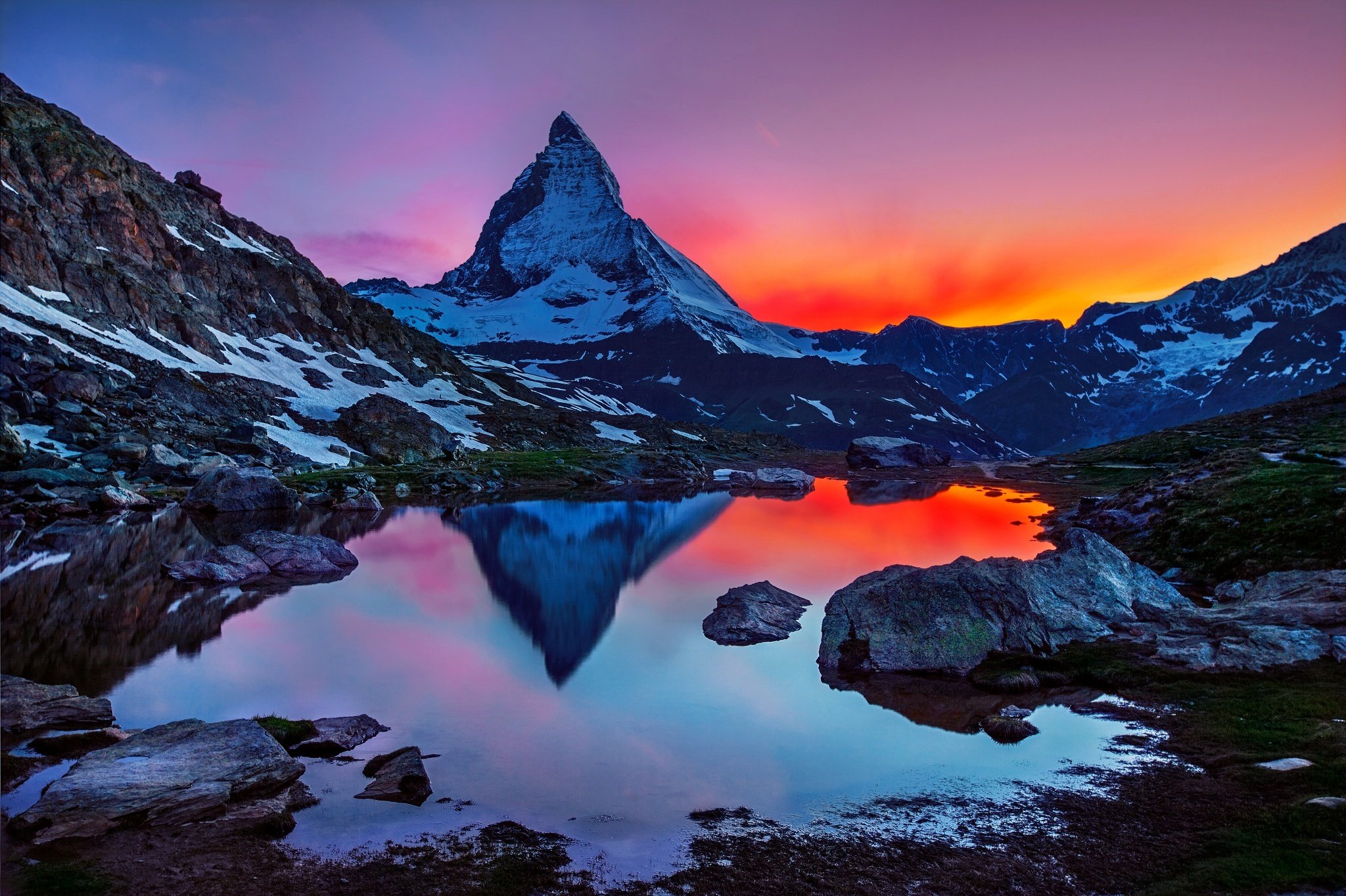 Sunset Landscape Mountain Sky Matterhorn Switzerland The Alps Reflection Wallpapers Hd Desktop And Mobile Backgrounds