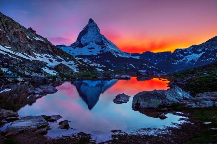 sunset, Landscape, Mountain, Sky, Matterhorn, Switzerland, The, Alps, Reflection HD Wallpaper Desktop Background