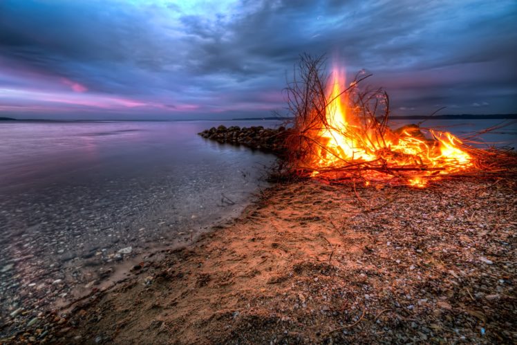 sunset, River, Beach, Fire, Landscape HD Wallpaper Desktop Background