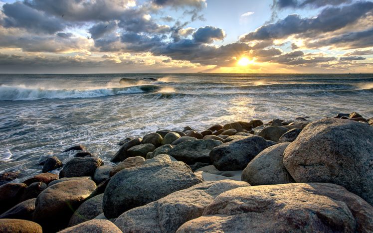sunset, Sea, Rocks, Nature, Waves HD Wallpaper Desktop Background
