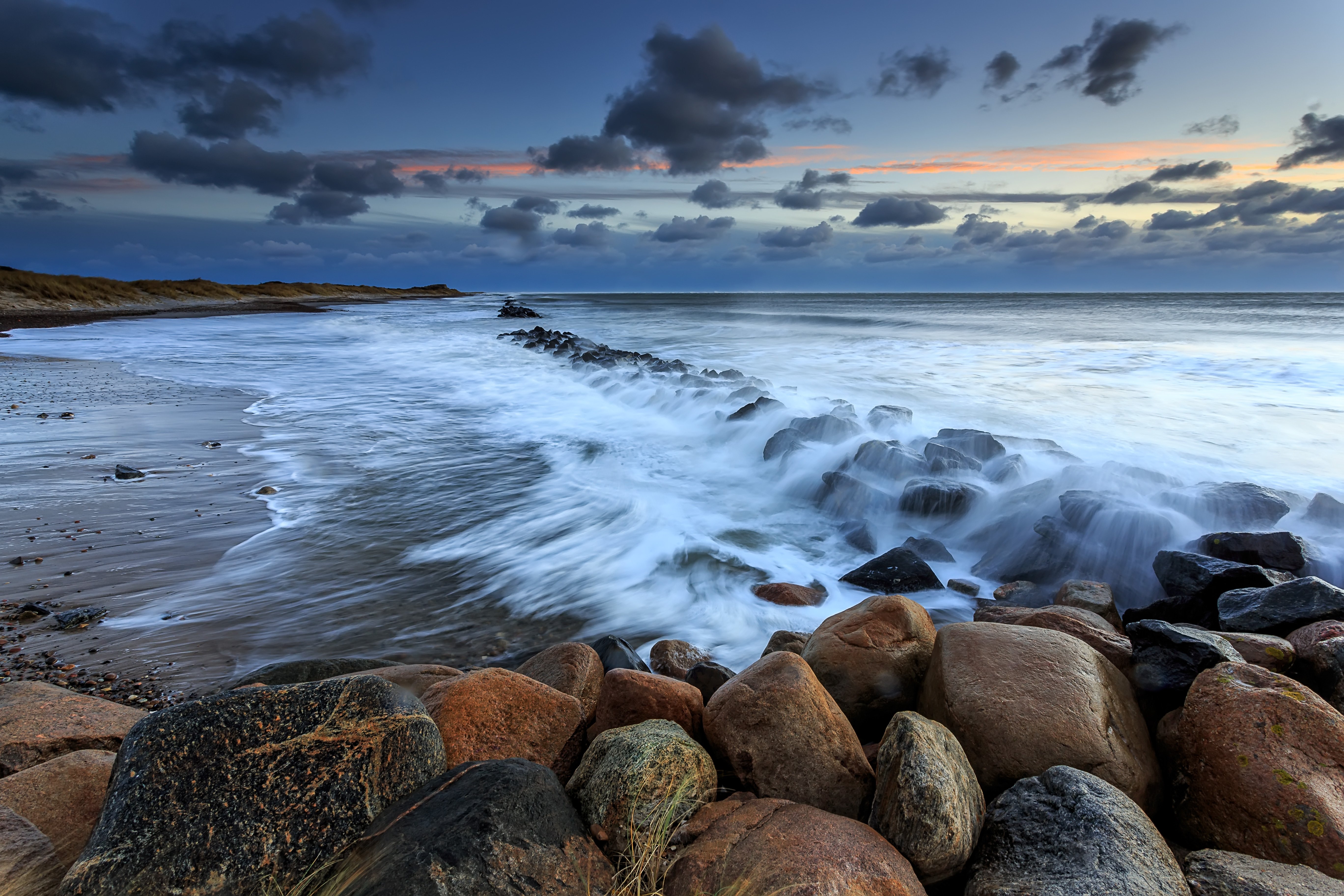sunset, Sea, Beach, Rocks, Waves, Denmark, Landscape Wallpaper