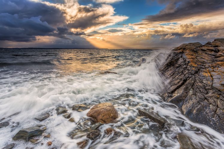 sunset, Rocks, Sea, Waves, Landscape HD Wallpaper Desktop Background