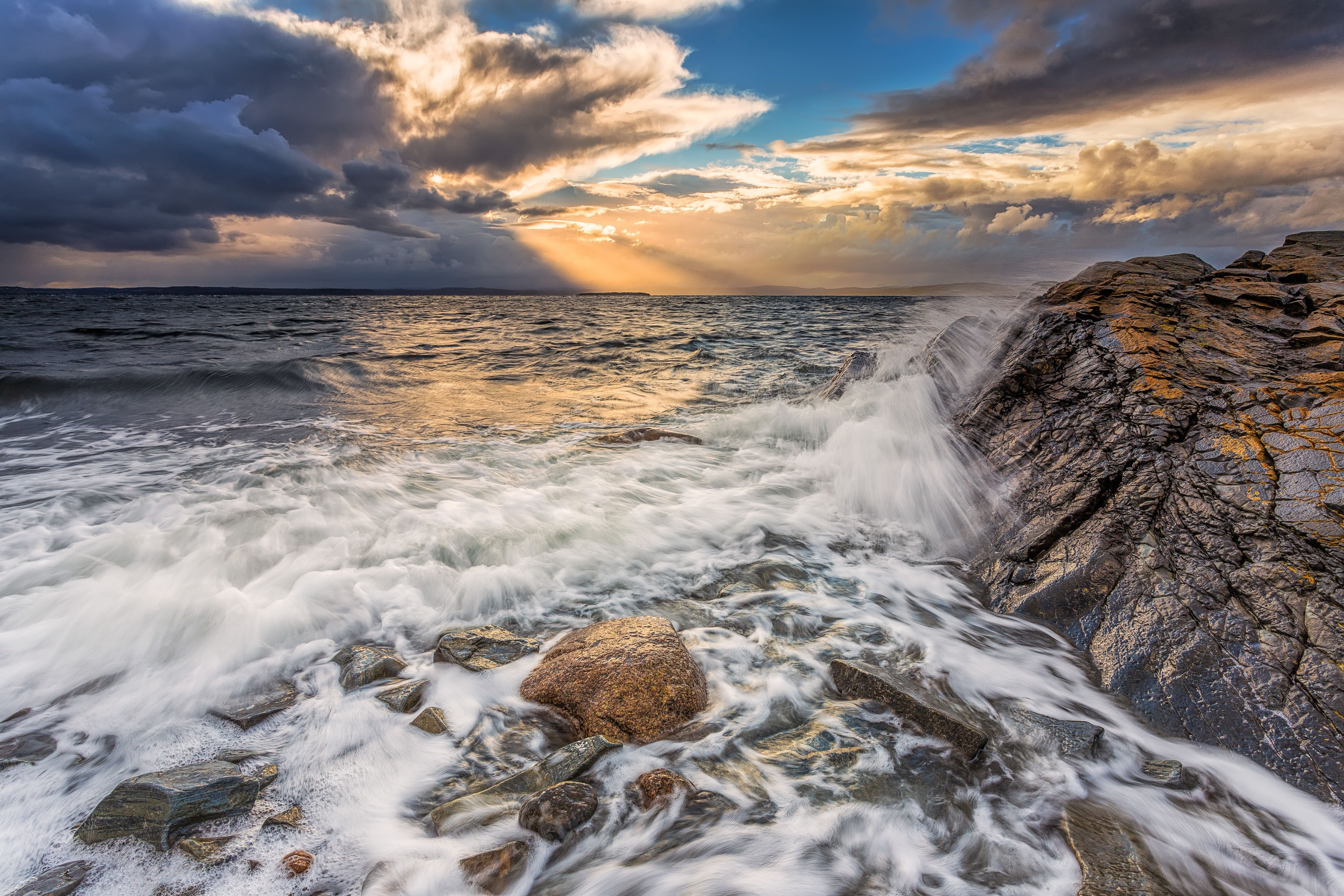 sunset Rocks Sea Waves  Landscape  Wallpapers  HD 