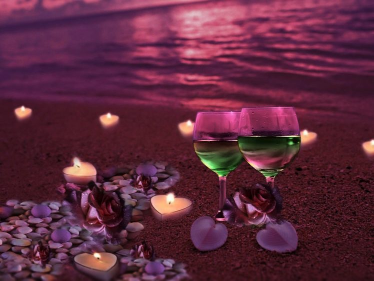 evening, Roses, Mauve, Glasses, Sunset, Wine, Heart, Romance, Sand, Purple, Sea, Summer, Night, Shingle, Candles HD Wallpaper Desktop Background
