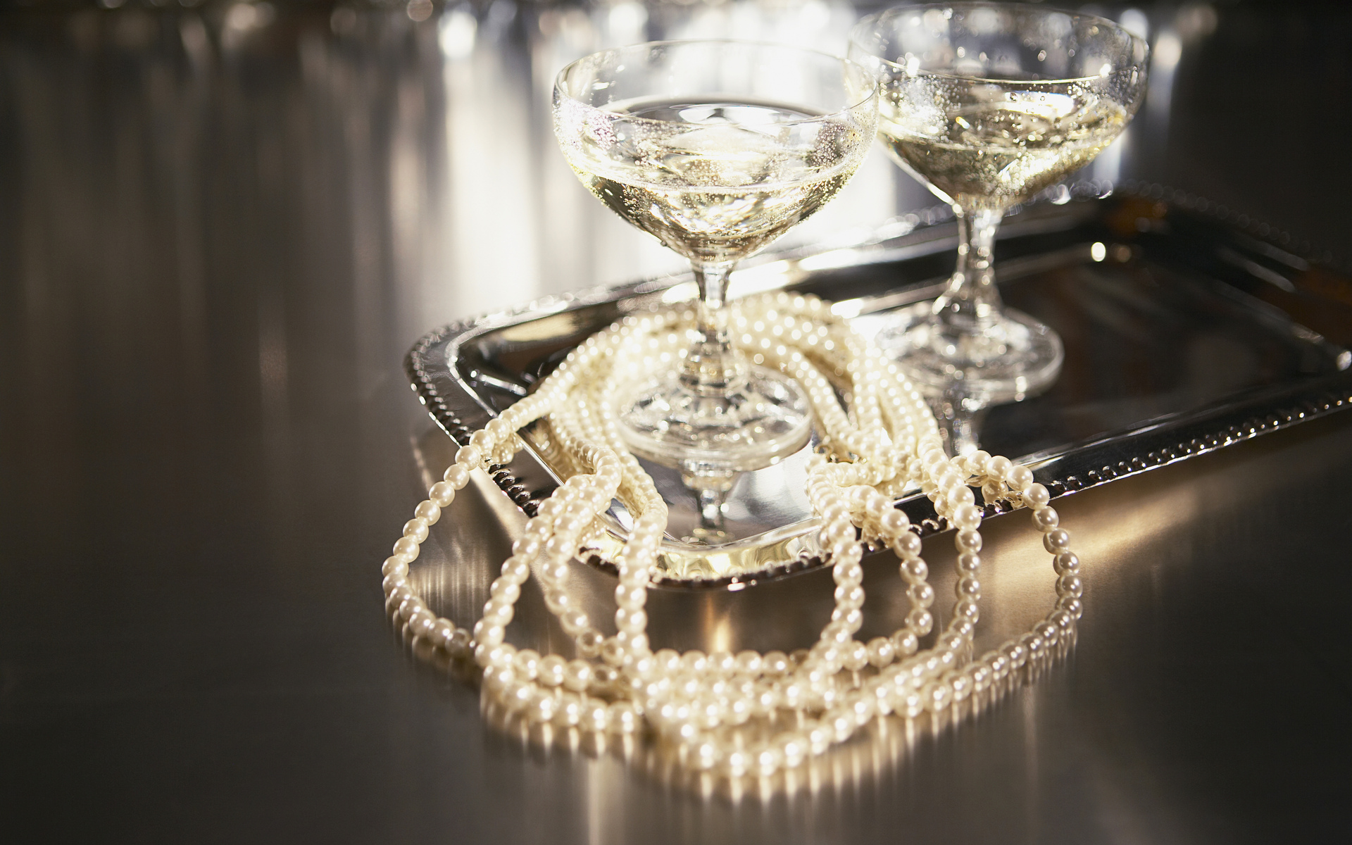 glasses, Beads, Pearls, Tray, Champagne, Bokeh, Jewelry, Love, Mood Wallpaper