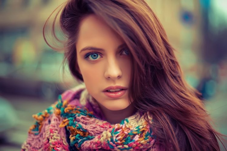 girl, Pretty, Face, Blue, Eyes, Hair, Portrait, Scarf HD Wallpaper Desktop Background