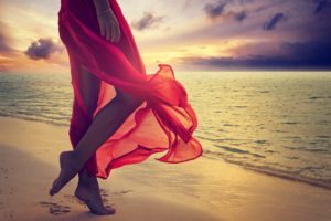 red, Beach, Feet, Dress, Sunshine, Sea, Lady, Woman, Sunset, Ocean