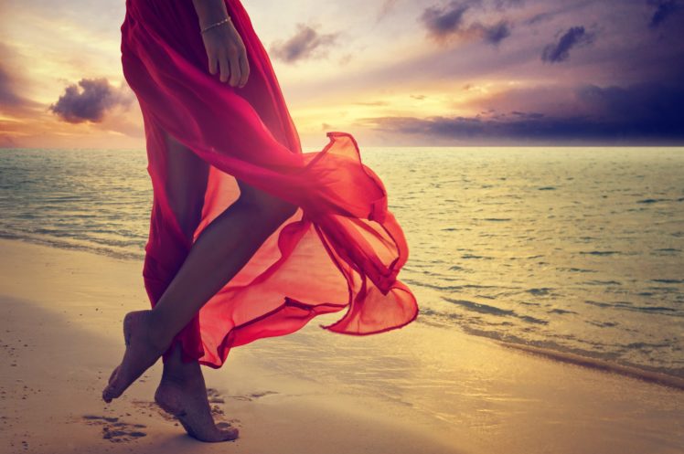 red, Beach, Feet, Dress, Sunshine, Sea, Lady, Woman, Sunset, Ocean HD Wallpaper Desktop Background