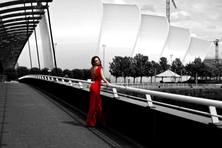 girl, Brunette, Dress, Red, Black, And, White, Posture, Street HD Wallpaper Desktop Background