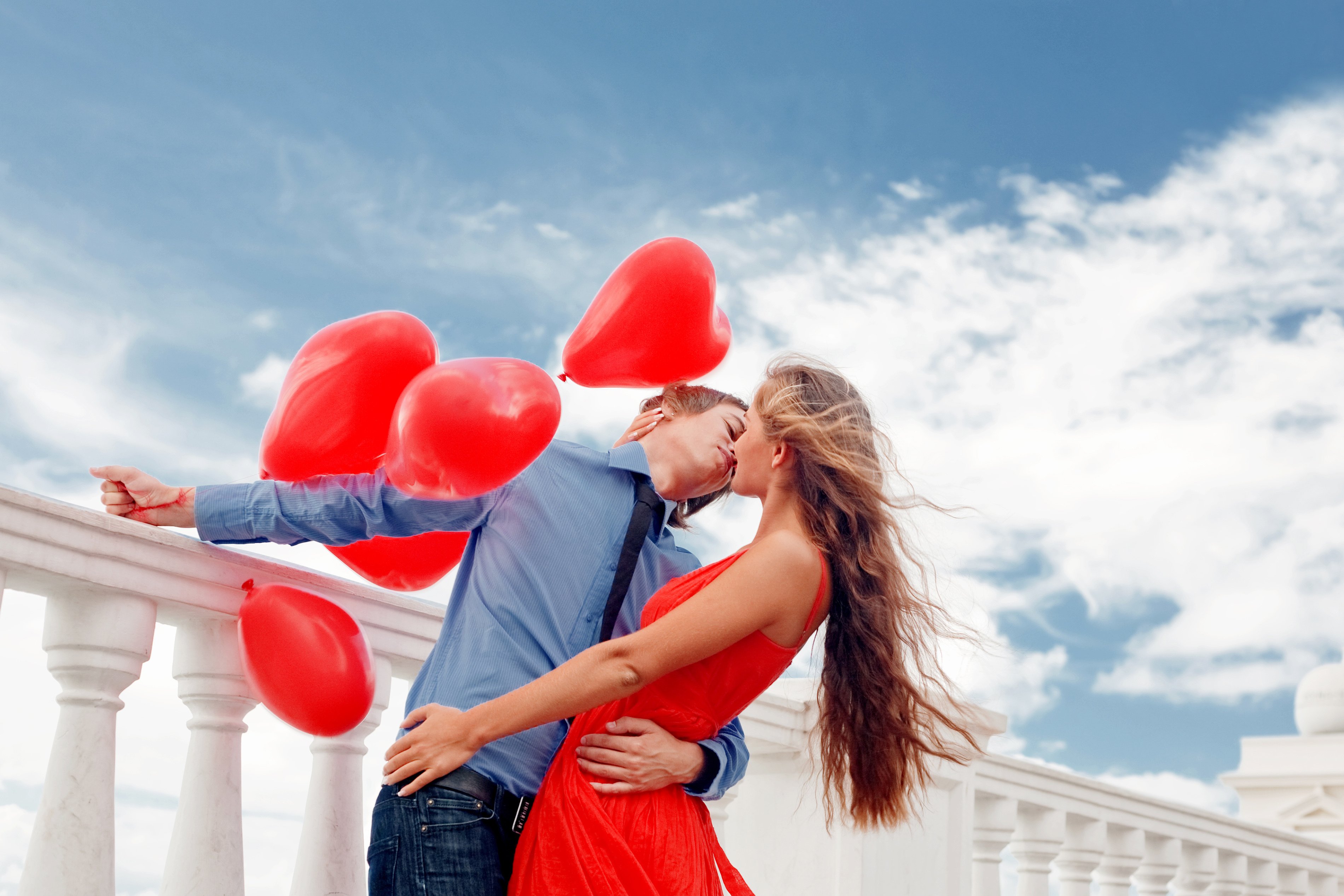 girl, Guy, Love, Couple, Hug, Kiss, Love, Romance, Affection, Dress, Red, Balloons, Hearts Wallpaper