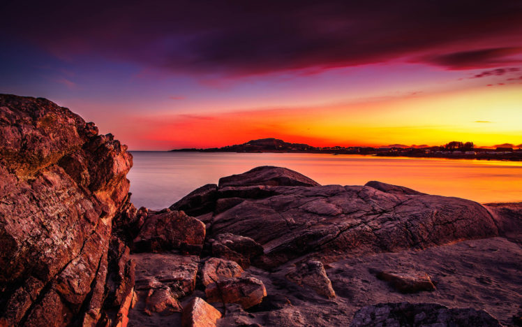 rocks, Stones, Ocean, Sunset, Sky, Beaches HD Wallpaper Desktop Background