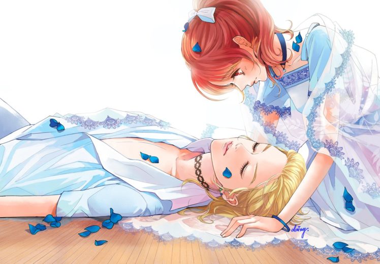 sleep, Couple, Blue, Flower, Petals, Dress, Red, Hair, Love HD Wallpaper Desktop Background