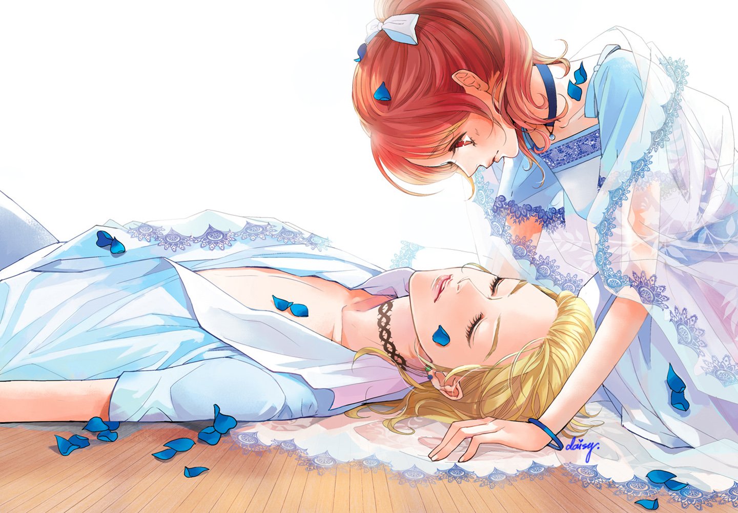 sleep, Couple, Blue, Flower, Petals, Dress, Red, Hair, Love Wallpaper