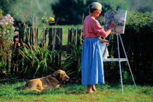 women, Elderly, Drawing, Painting, Canvas, Dog, Grass, Leisure, Females, Flowers