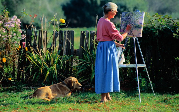 women, Elderly, Drawing, Painting, Canvas, Dog, Grass, Leisure, Females, Flowers HD Wallpaper Desktop Background