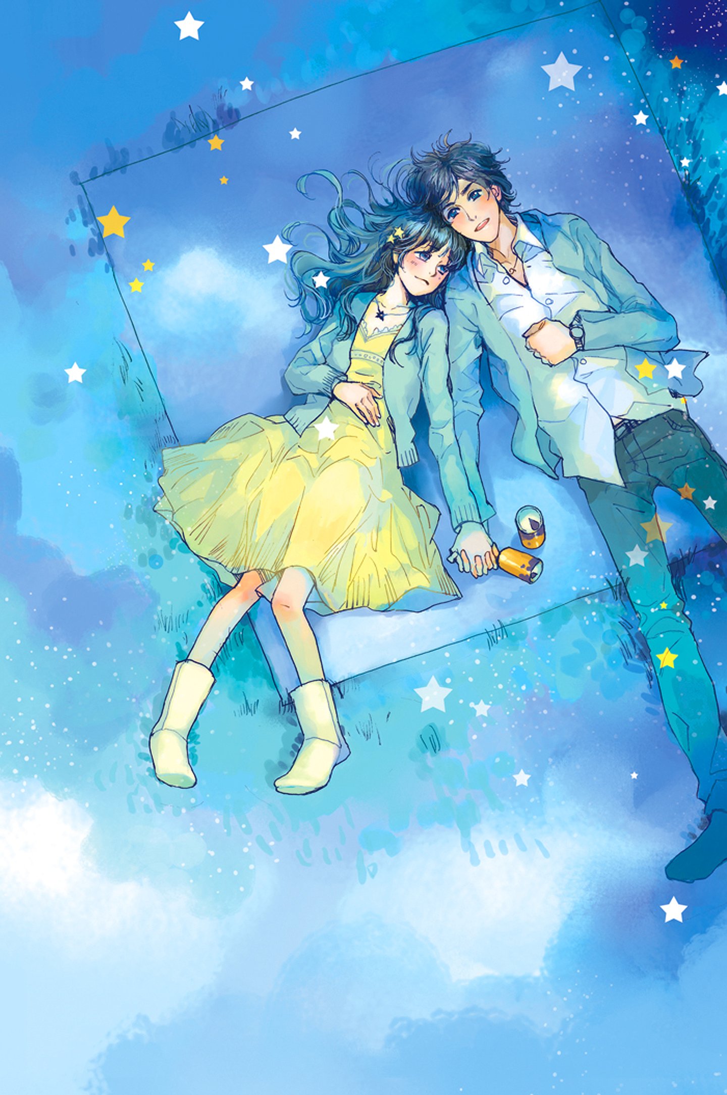 anime, Couple, Yellow, Dress, Boy, Love, Stars, Romantic, Blue, Sky, Picnic Wallpaper