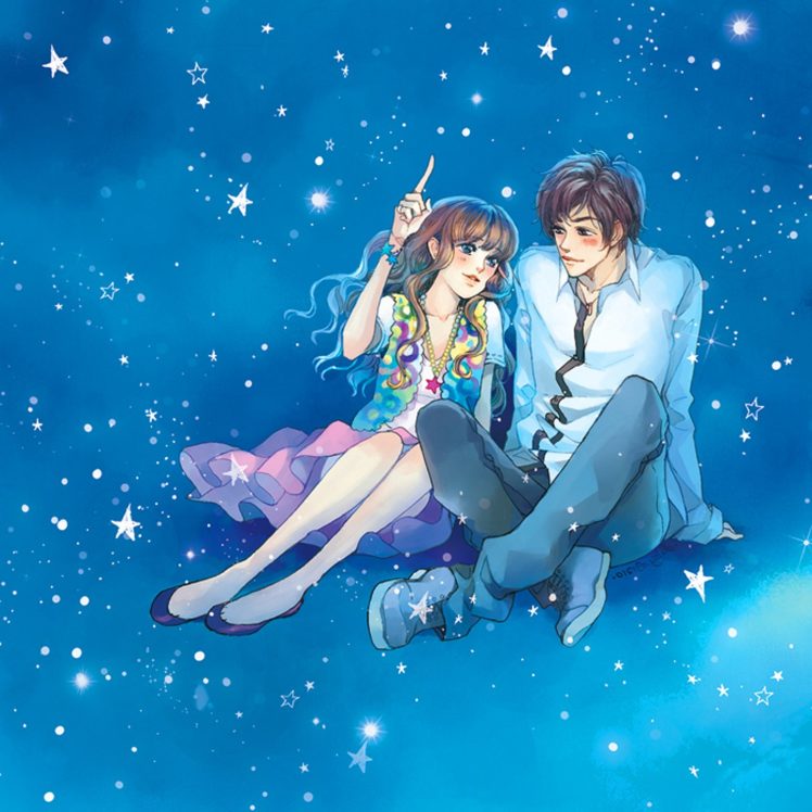 sky, Love, Blue, Romantic, Couple, Blue, Eyes, Girl, Boy, Anime, Stars HD Wallpaper Desktop Background