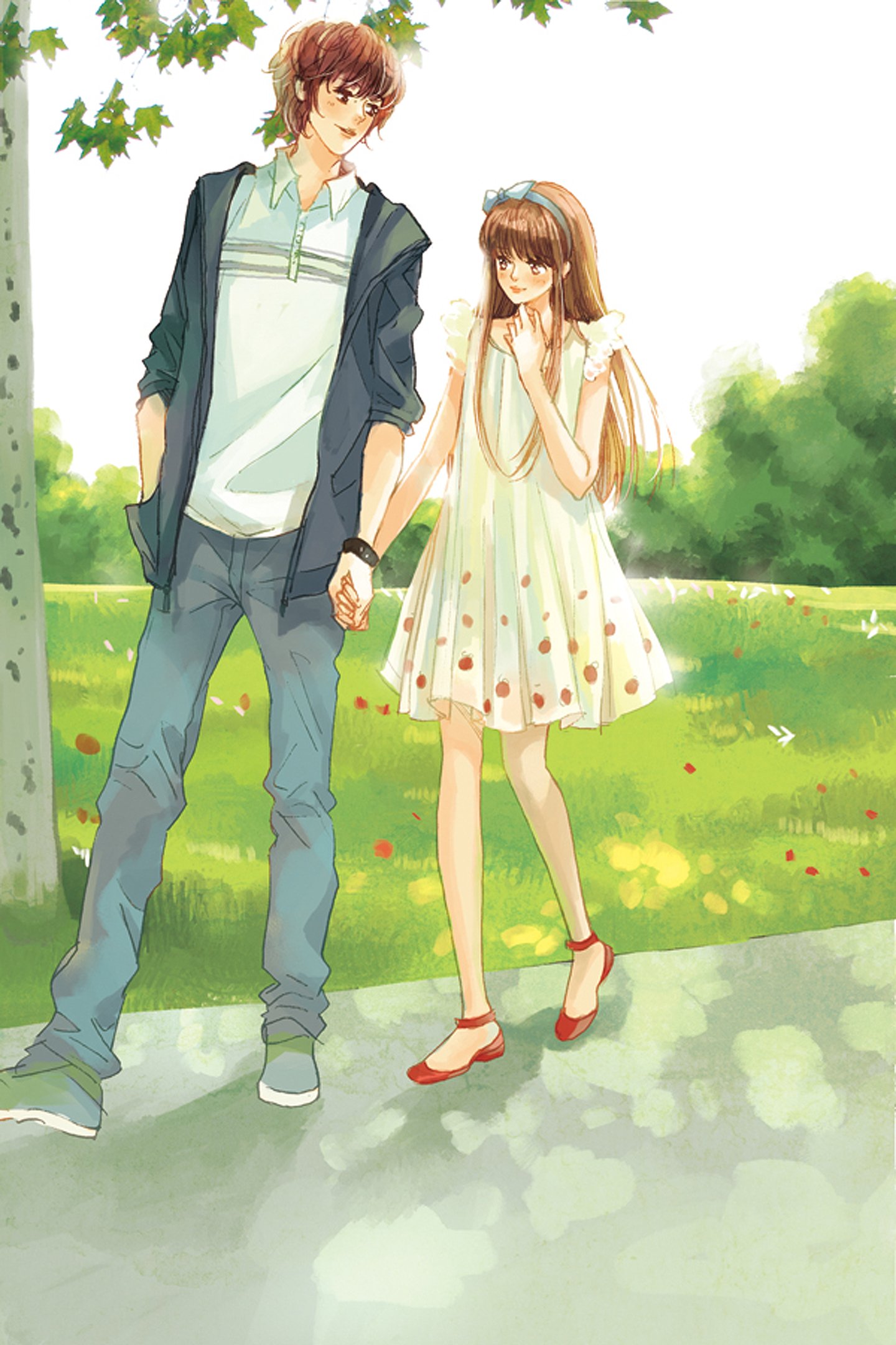 love, Anime, Couple, Boy, Girl, Tree, Red, Shoes, White, Dress Wallpaper