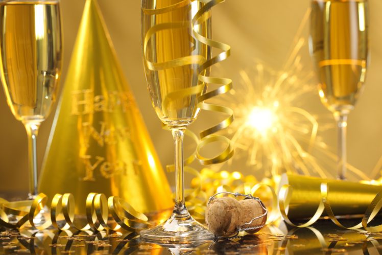new, Year, Champagne, Happy, New, Year, Streamers, Celebration, Golden, Glasses, Holiday, Sparklers HD Wallpaper Desktop Background