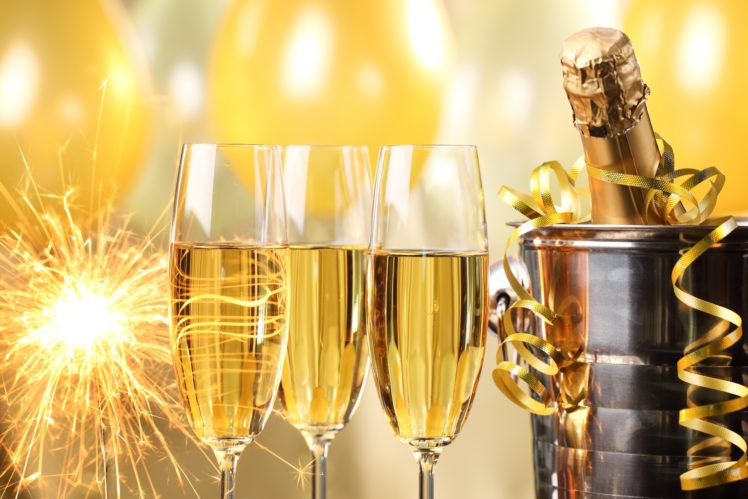 happy, New, Year, Champagne, Golden, Celebration, Holiday, New, Year, Champagne, Glasses, Serpentine, Bucket, Bottle, Sparklers, Balloons HD Wallpaper Desktop Background