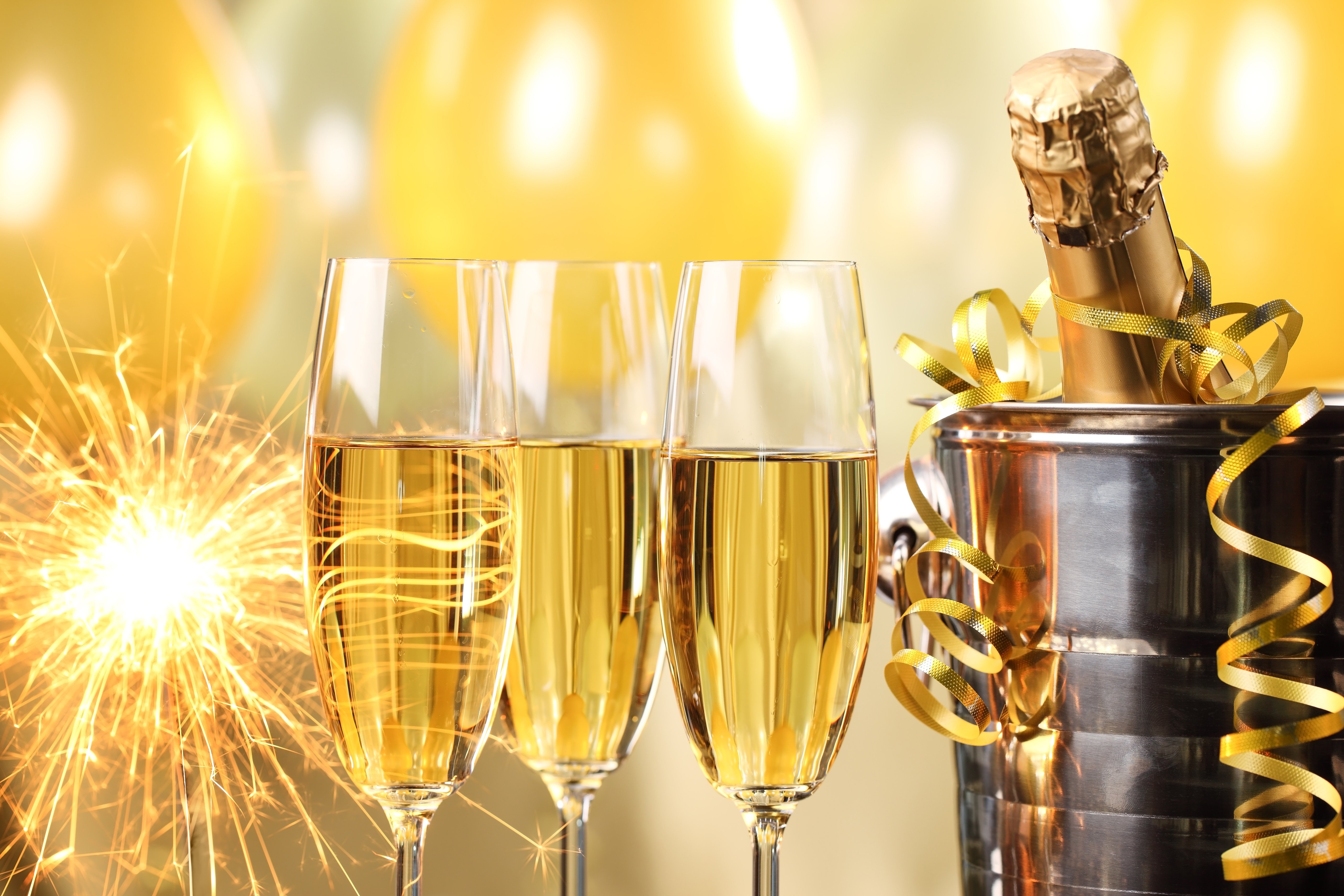 happy, New, Year, Champagne, Golden, Celebration, Holiday, New, Year, Champagne, Glasses, Serpentine, Bucket, Bottle, Sparklers, Balloons Wallpaper