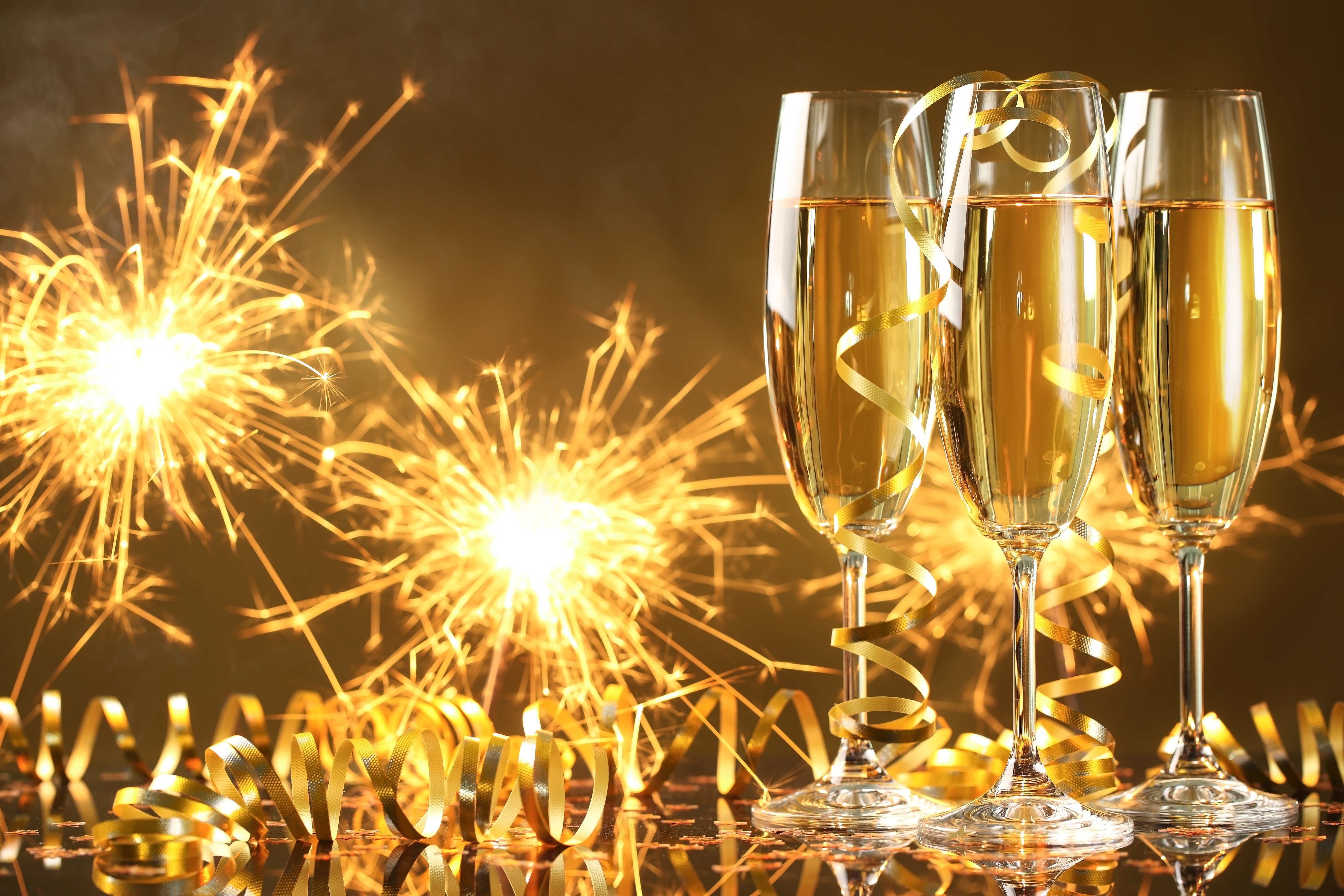 happy, New, Year, Champagne, Golden, Celebration, Holiday, New, Year, Champagne, Glasses, Streamers, Sparklers Wallpaper
