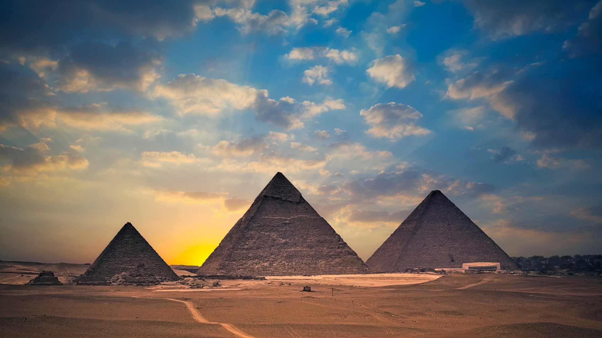 egypt, Pyramids, Sunset, Desert, Clouds, Buildings Wallpaper