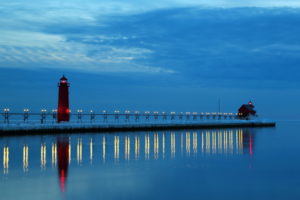 lake, Michigan, Night, Lighthouse, Reflection, Sky