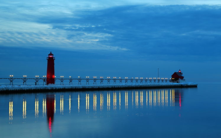 lake, Michigan, Night, Lighthouse, Reflection, Sky HD Wallpaper Desktop Background