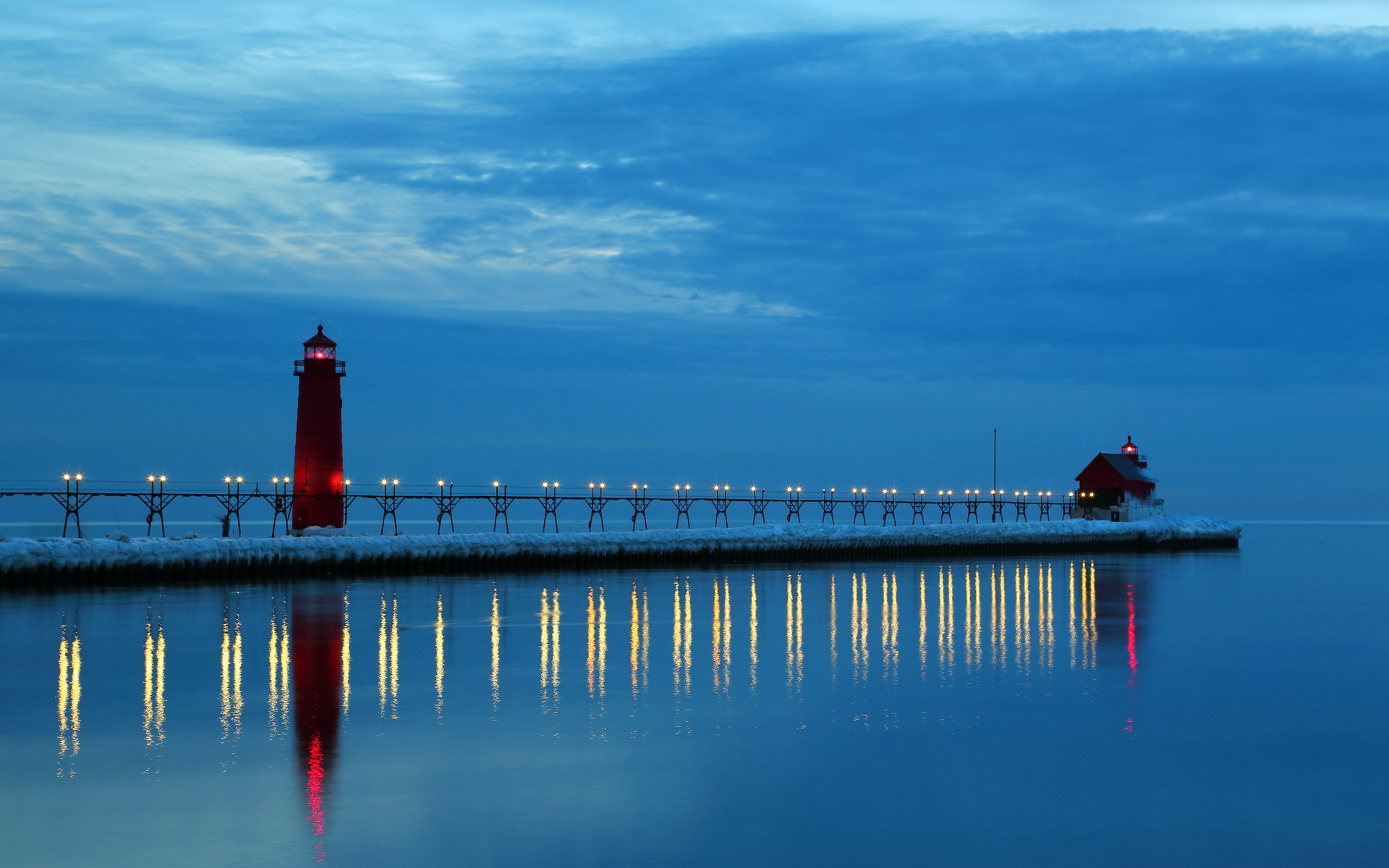 lake, Michigan, Night, Lighthouse, Reflection, Sky Wallpaper