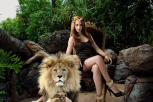 girl, Throne, Lion, Cub, Animal