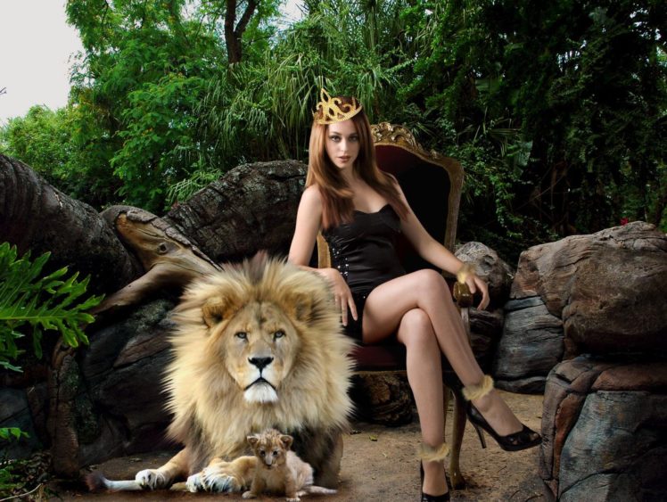 girl, Throne, Lion, Cub, Animal HD Wallpaper Desktop Background