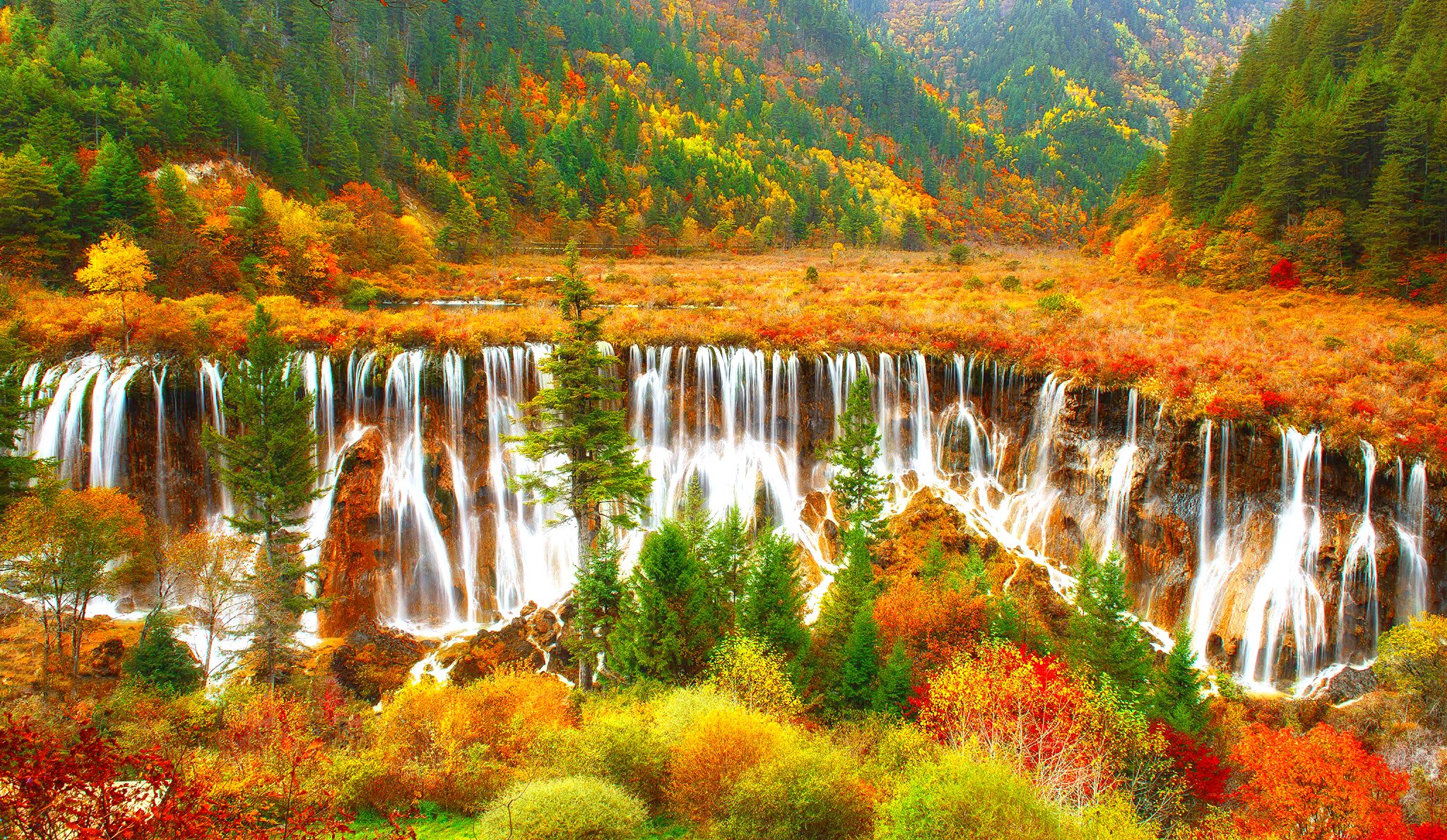 colorful, Nature, Cascades, Beautiful, Autumn, View, Mountain, Waterfall, Trees, Foliage Wallpaper