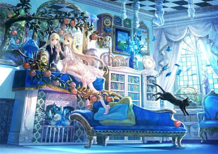 blue, Cat, Apple, Tree, Flower, Girls, Butterfly, Books, Lolita HD Wallpaper Desktop Background