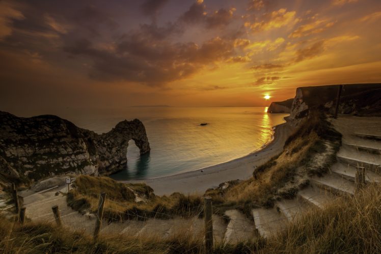 dorset, England, Sunset, Rock, Arch, Sea, Landscape HD Wallpaper Desktop Background