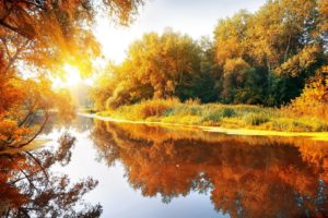 autumn, Reflection, River, Sun, Sunrise, Sunset