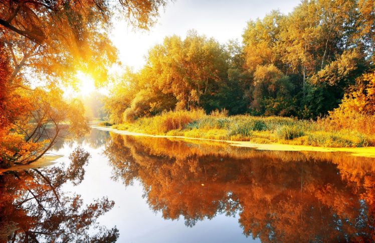 autumn, Reflection, River, Sun, Sunrise, Sunset HD Wallpaper Desktop Background