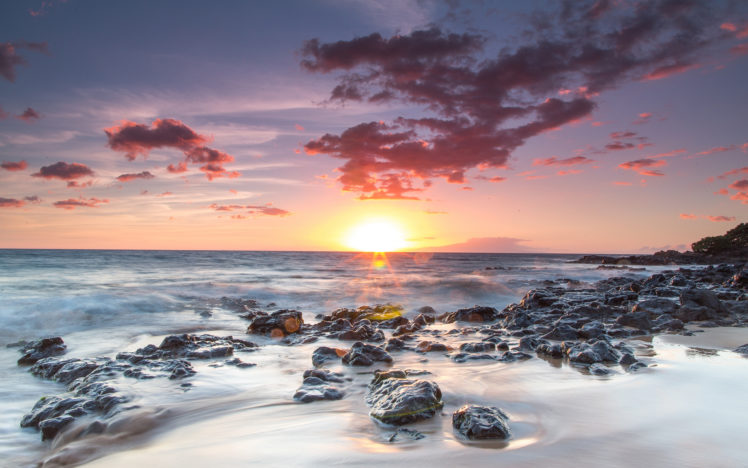 sunset, Rocks, Stones, Ocean, Shore, Beach HD Wallpaper Desktop Background