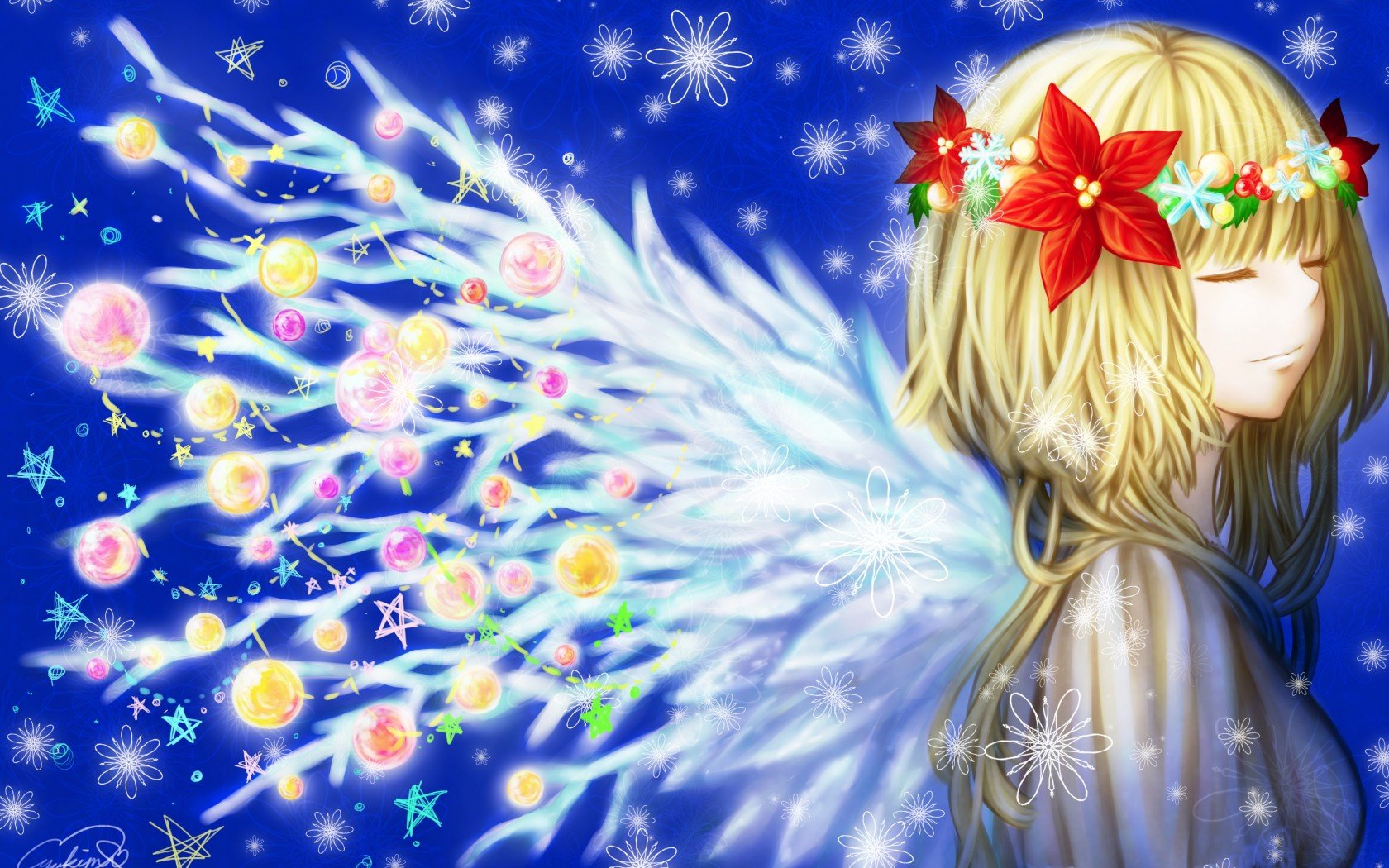 girl, Toys, Anime, Christmas, New, Year, Winter, Wreath, Wings, Snowflakes, Stars, Snow, Holiday Wallpaper