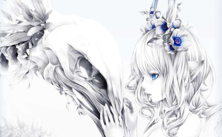 skull, Flowers, Girl, Ears, White, Blue, Eyes, Blue, Flower HD Wallpaper Desktop Background