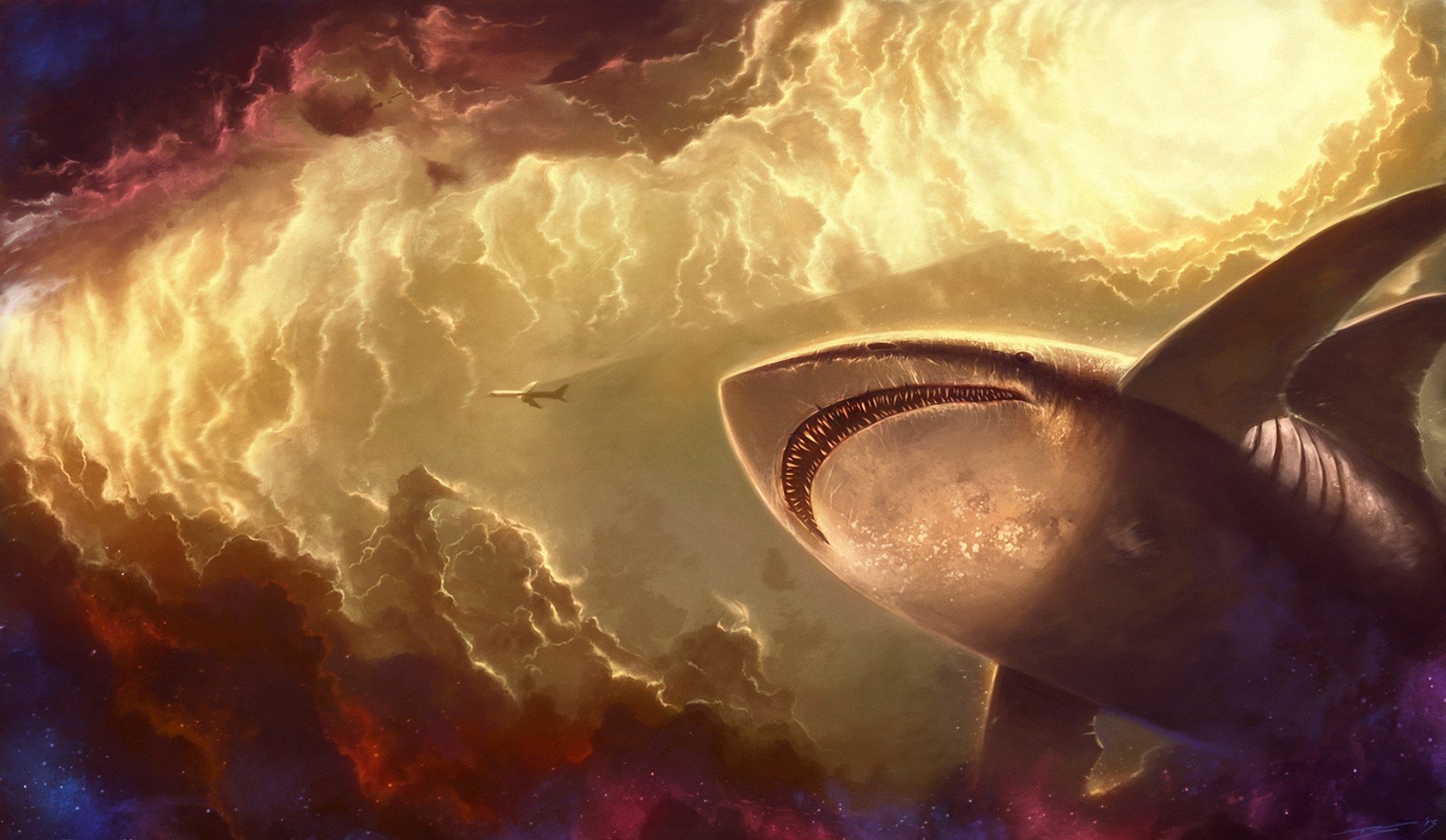 fish, Fantasy, Sky, Star, Art, Clouds, Shark, Giant, Light, Plane Wallpaper