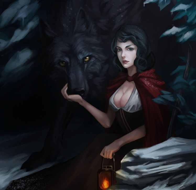 red, Riding, Hood, Art, Wolf, Lantern, Girl, Cloak HD Wallpaper Desktop Background