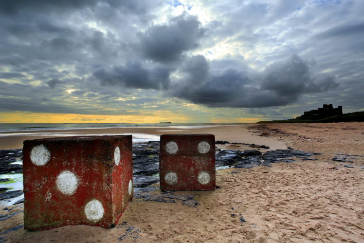 sea, Aeyaey, Sky, Beach, Nature, Landscape, Dice, Mood, Ocean, Ruins, Castle, Buildings, Clouds HD Wallpaper Desktop Background