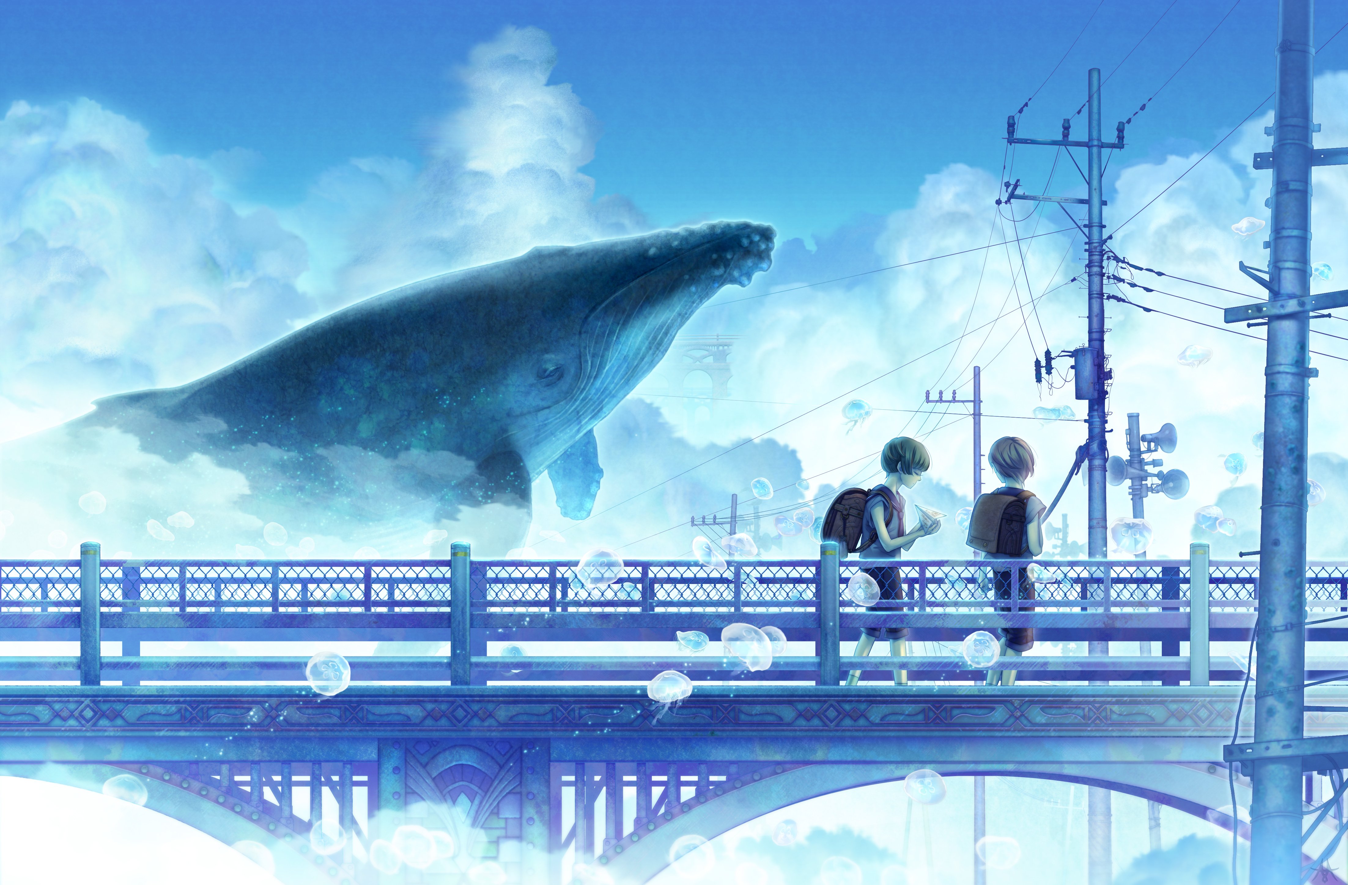 bridge, Children, Clouds, Whale, Wire, Anime, Boys, Jellyfish, Sky, Pillars, Art Wallpaper