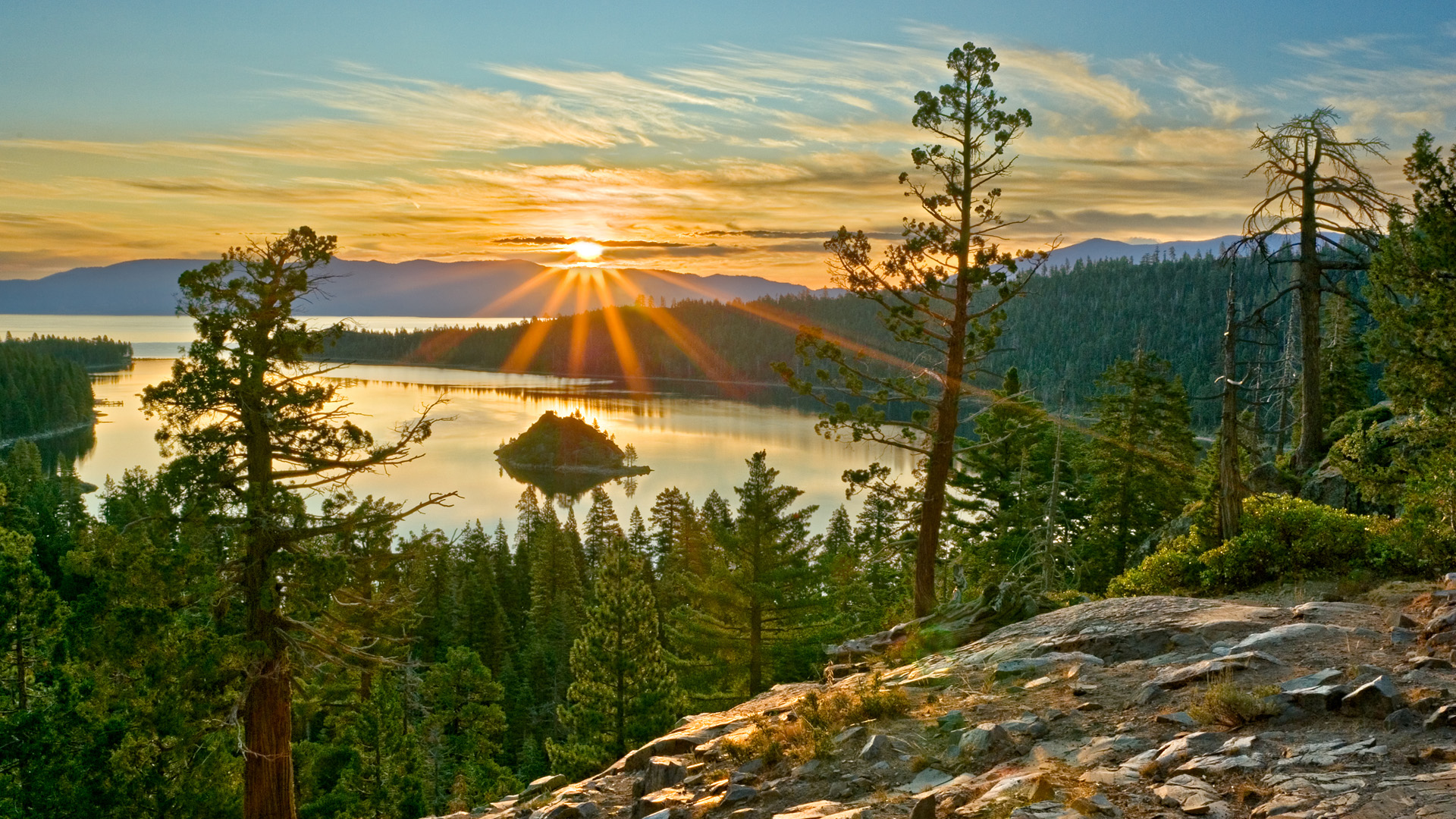 sunset, Sunrise, Lakes, Islands, Reflection, Sky, Trees, Forest, Mountains Wallpaper